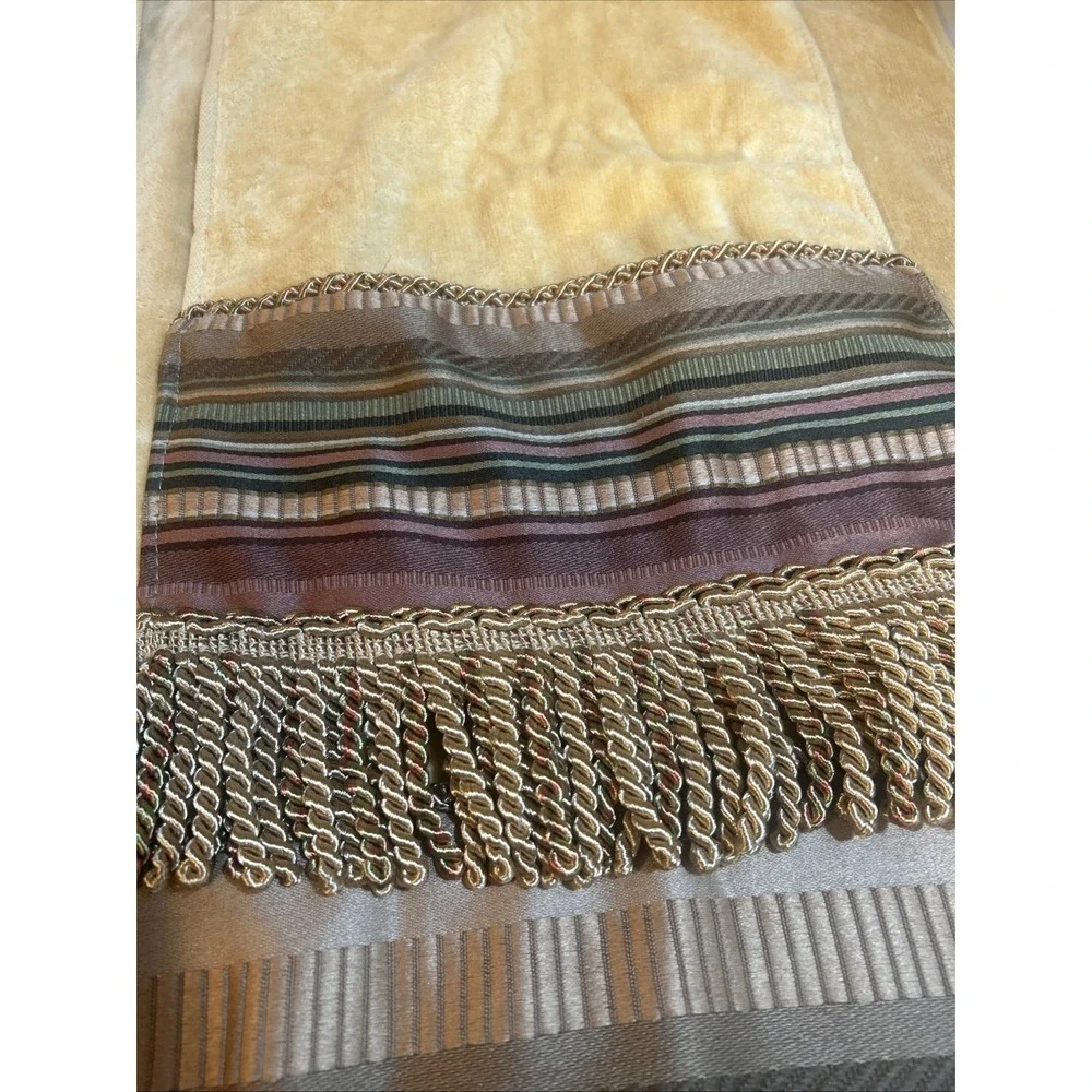 Vintage Croscill Carrington Aqua Cotton Gold Fringe Trimmed Bath Towel Set Of 3‎